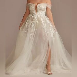 David's Bridal SWG898 Tulle Wedding Dress With Slits Ivory Bisque Mesh Bodysuit